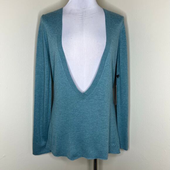 BCBGMaxAzria Sweater XL Powder Blue Plunge Neck Knit Wool Cashmere Angora New - Picture 1 of 8